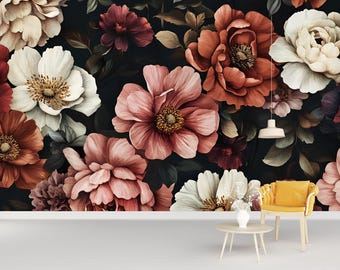 Bold Dark Floral Wall Mural – Large Vintage Flowers Wallpaper – Romantic Bedroom Wall Decor – Peel & Stick or Traditional Vn646