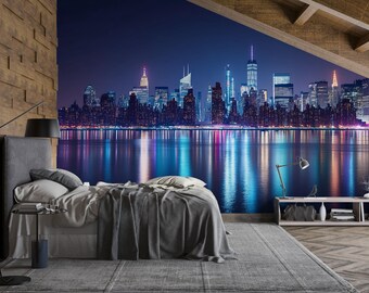 ニューヨークのスカイライン壁画 - 寝室やリビングルームに最適な夜景