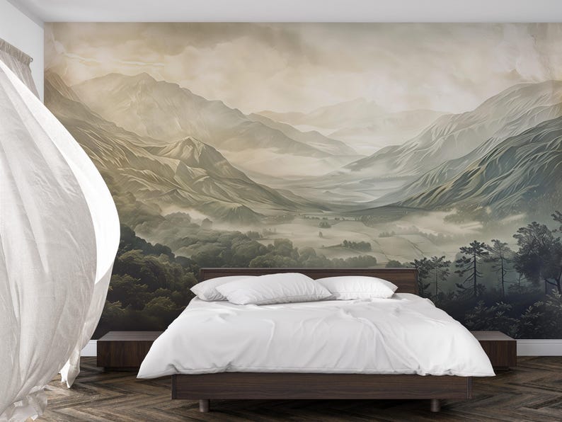 Misty Mountain Wall Mural – Scenic Forest Valley Wallpaper for Bedroom ...