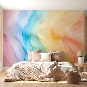 Rainbow Watercolor Wall Mural – Modern Abstract Gradient Wallpaper for Bedroom Accent Wall, Sloped Ceiling Design Art Vn398