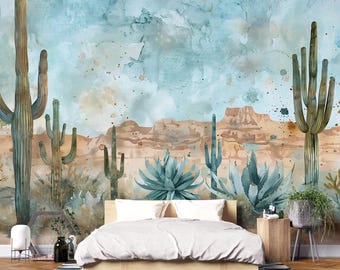 Südwestlicher Wüsten Kaktus Wandbild - Boho Western Landschaft Tapete Vn1005