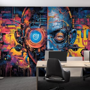 Cyberpunk AI Wall Mural – Futuristic Office Art, Sci-Fi Robot Face Design Vn203