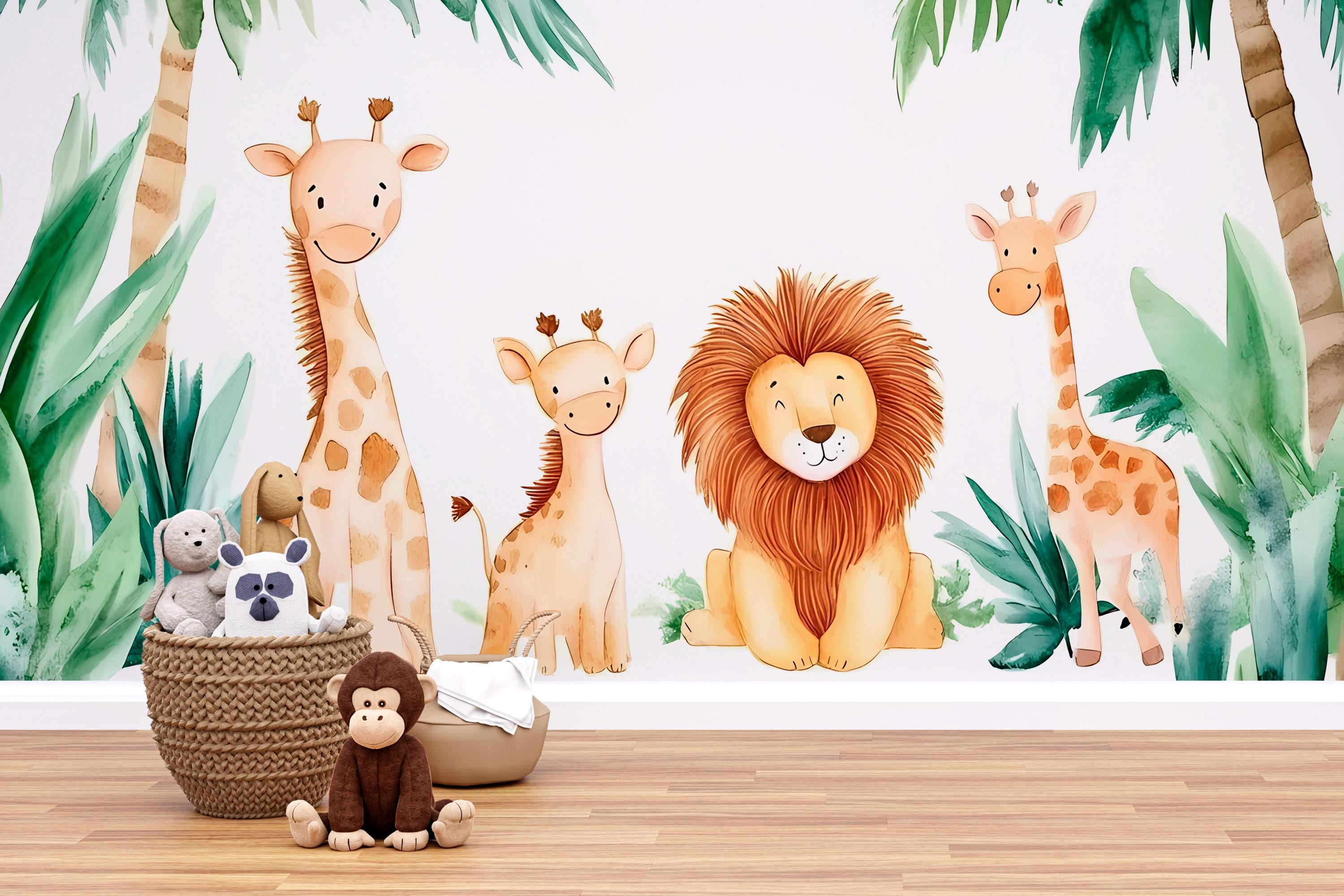 Safari Jungle Animal Wall Mural | Giraffe Lion Nursery Wallpaper ...