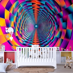 May include: A vibrant, abstract wallpaper design featuring a tunnel-like spiral in shades of orange, pink, blue, and purple. A white crib with teddy bears is in the foreground. The room is decorated with toys and a rug.