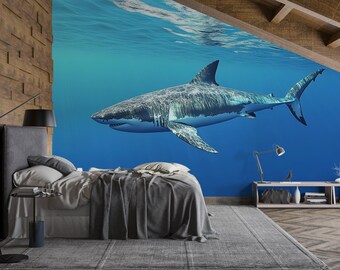 ホホジロザメの壁画 – 海をテーマにした寝室の装飾 – 水中サメの壁紙