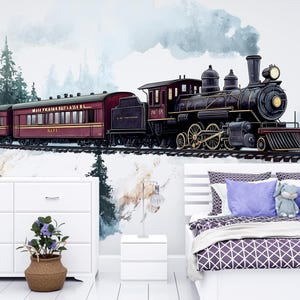 May include: A vintage steam train with maroon passenger cars travels along a snowy track, set against a backdrop of evergreen trees and a watercolor-style sky. The train is black with gold accents. The scene is a mural.