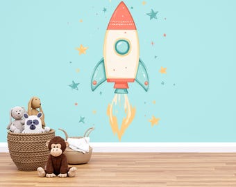 Rocket Ship Wall Decal – Space Nursery Kids Room Wall Art, Playroom Decor 038mv