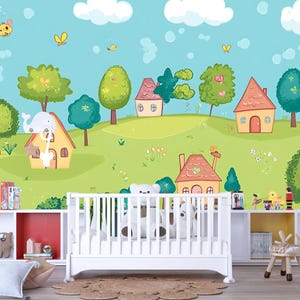 Mural infantil caprichoso – Papel pintado con paisaje de pueblo de dibujos animados coloridos – Decoración para cuarto de juegos infantil Vn620