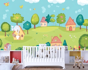 Mural infantil caprichoso – Papel pintado con paisaje de pueblo de dibujos animados coloridos – Decoración para cuarto de juegos infantil Vn620