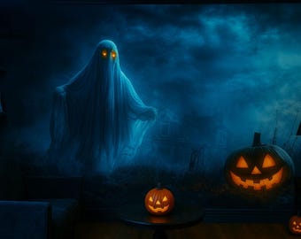 Haunted Ghost & Pumpkin Wall Mural – Spooky Halloween Bedroom Décor Vn801