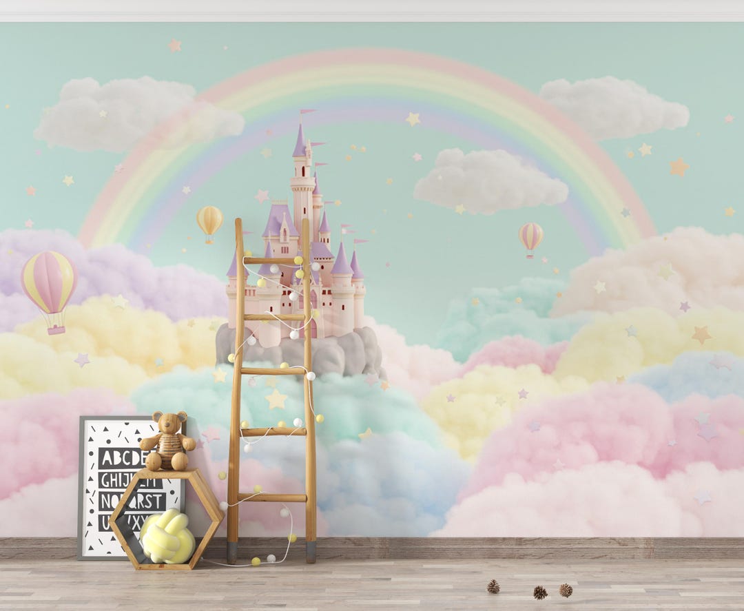 Rainbow Castle 3D Watercolor Wallpaper | Magical Fantasy Kids Room Wall ...
