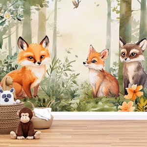 Papier peint chambre d&#39;animaux de la forêt boisée - Papier peint renard et raton laveur - Déco pour chambre de bébé - Jungle non sexiste Vn343