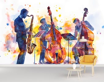 Jazz Band Wall Mural | Watercolor Music Art | Saxophone & Bass