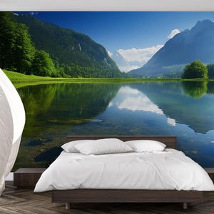 Mountain Lake Wall Mural - Scenic Nature Bedroom Wallpaper - Tranquil Forest Lake View Decor - Removable Peel and Stick Mural Vn688