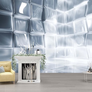 May include: A modern interior scene featuring a white fireplace with decorative elements, a yellow armchair with a patterned pillow, and a small round table. The background is a textured, abstract wall in shades of gray and white, creating a contemporary aesthetic.