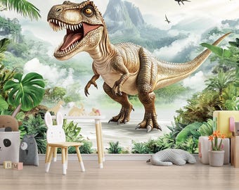 T-Rex Dinosaur Wall Mural for Kids Room – Jungle Prehistoric Wallpaper – Boys Nursery Dino Decor – Large Wall Art Poster Vn402