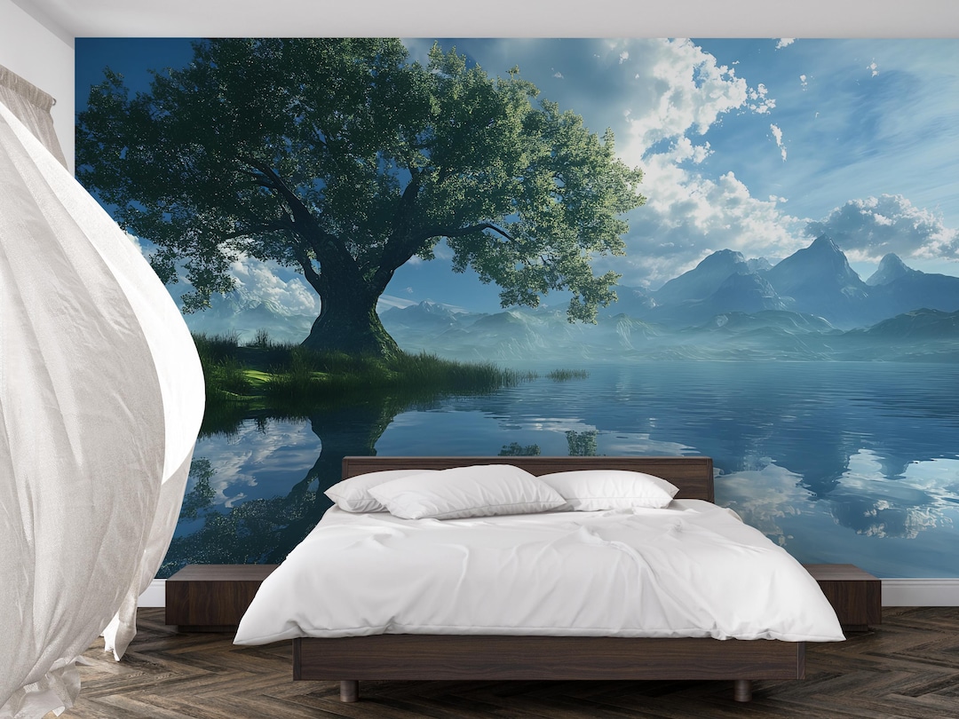 Tranquil Lake Tree Wall Mural – Large Nature Scenic Wallpaper for ...