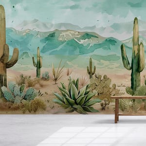 Mural de pared con cactus del desierto en acuarela - Paisaje del suroeste con montañas Vn1010