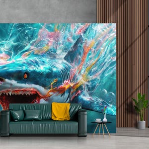 Fierce Shark Wall Mural – 3D Abstract Ocean Art Wallpaper for Living Room, Underwater Creature Decor, Bold Fantasy Wall Art  Vn384