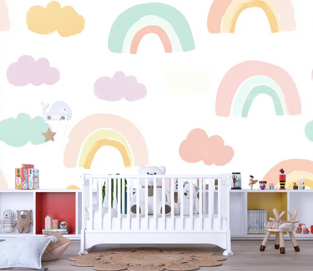 Pastel Rainbow Wall Mural – Cute Kids Room Wallpaper With Clouds for ...