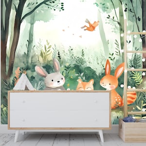 Woodland Animals Nursery Wall Mural – Forest Bunny Fox Deer Wallpaper – Kids Room Decor – Whimsical Woodland Nursery Art Vn059