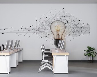 Light Bulb Wall Mural, Office Wallpaper, Innovation Network Wall Art, Startup Workspace Decor, Modern Business Idea Mural, 665mv