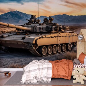 Carta da parati con carro armato per la cameretta dei ragazzi - Carta da parati a tema militare - Decorazioni militari fantastiche per la camera da letto degli adolescenti - Scena di combattimento nel deserto Vn461
