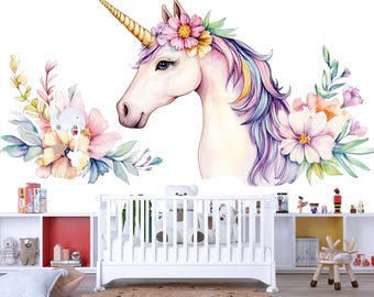 May include: Watercolor illustration of a unicorn with a golden horn, a pink and purple mane, and a floral crown. The unicorn is surrounded by pastel-colored flowers and greenery, suitable for nursery decor.