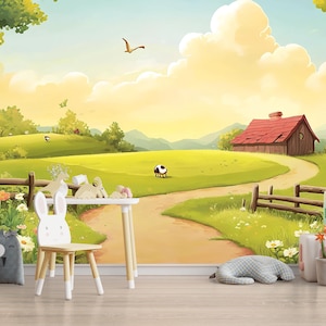 Whimsical Farm Animal Nursery Wall Mural – Pastoral Landscape Baby Room Wallpaper – Cartoon Country Wall Art for Kids Room Decor Vn621