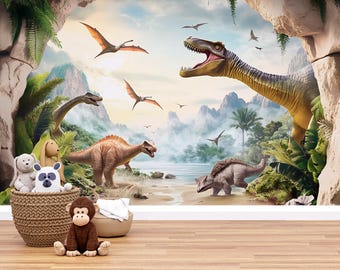 Dinosaur Nursery Wall Mural - Prehistoric Jungle Wallpaper for Baby Room, Boys Room Decor - Dino Theme Nursery Art Backdrop Vn403