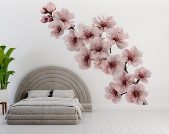 Cherry Blossom Wall Decal – Large Sakura Branch Mural for Bedroom Accent Wall 020mv