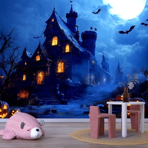 Haunted Castle & Pumpkin Patch Halloween Wall Mural – Spooky Gothic Home Décor Vn798
