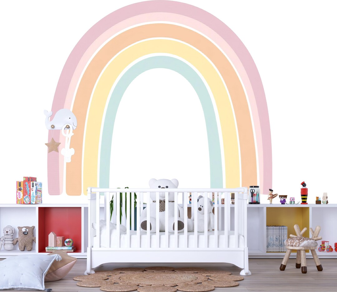 Pastel Rainbow Nursery Wall Decal – Large Boho Baby Room Mural, Gender ...