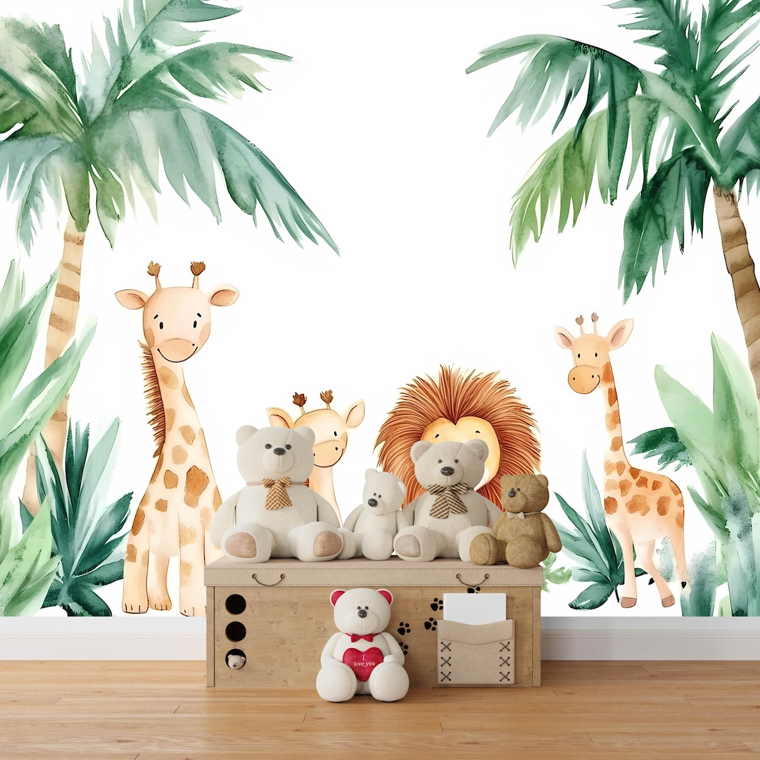 Safari Jungle Animal Wall Mural | Giraffe Lion Nursery Wallpaper ...