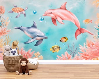 水中イルカの壁紙壁画 カラフルな海の壁飾り 子供部屋、保育園、プレイ