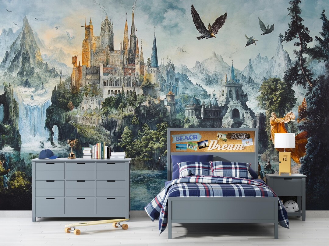 Fantasy Castle Wall Mural for Kids Room – Magical Fairytale Kingdom ...