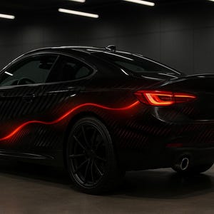Puede incluir: Un coupé negro y elegante con un patrón de fibra de carbono y una vibrante línea de acento roja. El coche presenta ruedas y luces traseras negras, creando una estética moderna y deportiva. La imagen está ambientada en un estudio oscuro.