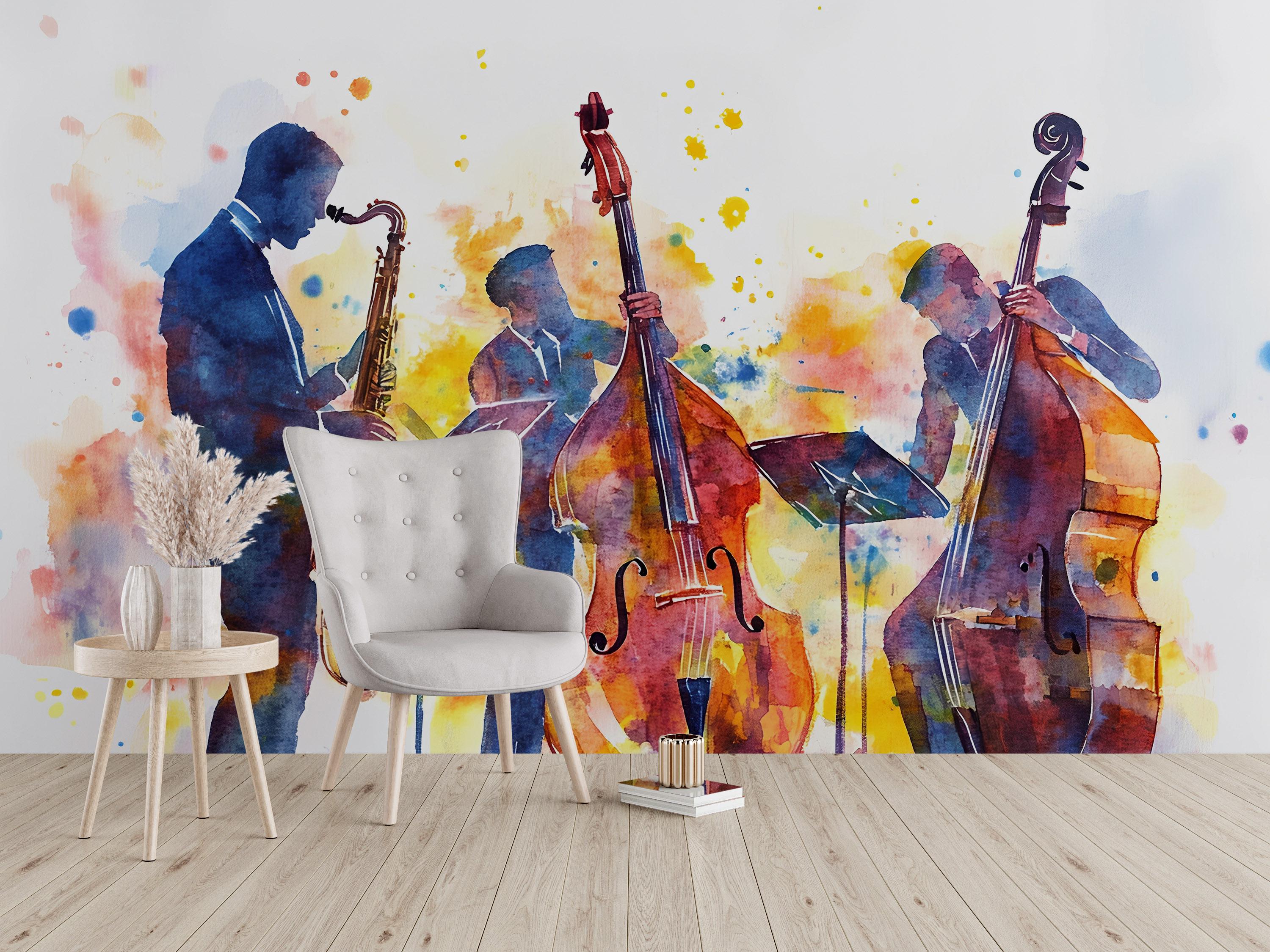 Jazz Band Wall Mural | Watercolor Music Art | Saxophone & Bass
