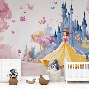 Princess Castle Wall Mural for Girls Room – Fairy Tale Wallpaper with Butterflies & Princess – Removable Kids Room Decor Vn278