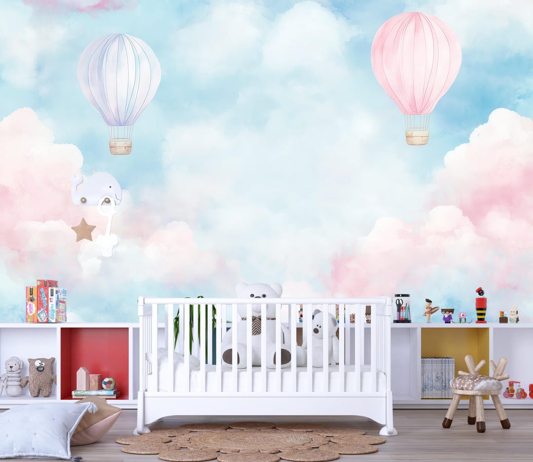 Hot Air Balloon Mural – Pink Purple Cloud Wallpaper Kids Nursery Wall ...