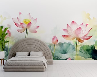 Mural de pared de loto en acuarela: papel pintado autoadhesivo floral grande para decoración de dormitorio, arte de pared con acento botánico bohemio de flor de loto Vn348