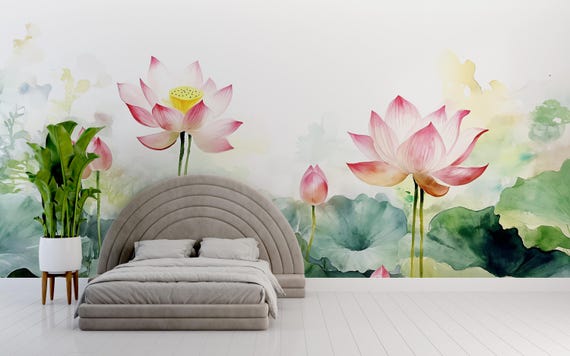 水彩画風蓮の花の壁画 - 寝室の装飾に最適な、剥がして貼るだけの
