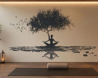 Tree Meditation Wall Mural, Yoga Studio Wallpaper, Zen Spa Wall Art, Tree of Life Decor, Nature Silhouette Mural, 663mv