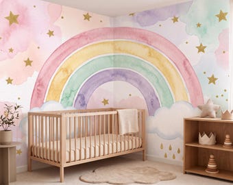 Pastel Rainbow Wallpaper, Watercolor Clouds & Gold Stars, Nursery Wall Mural, Kids Room Decor, Rainbow Wall Art 465DE