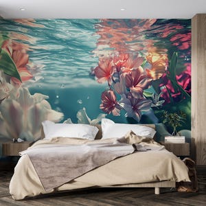 Décoration murale florale sous-marine - Papier peint fleurs tropicales de l'océan, décoration de chambre sur le thème de l'eau, grande oeuvre d'art murale amovible Vn576
