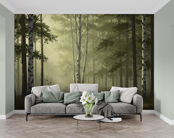 Nebliger Wald Wallpaper Wandbild, Aquarell Birken und Fichten Bäume, Neutralgrüne Waldwand Kunst Skandinavische Natur Dekor Calm Forest 201DE
