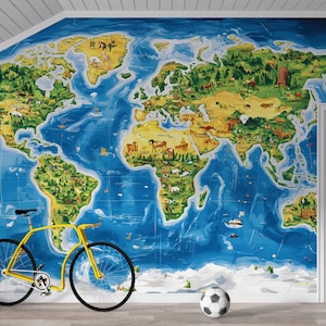 Colorful World Map Mural for Kids Room – Educational Animal & Landmark Wallpaper – Large Wall Art Décor for Nursery or Playroom Vn417