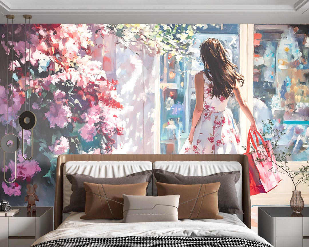 Romantic Floral Wall Mural | Girl Shopping Art | Feminine Bedroom ...