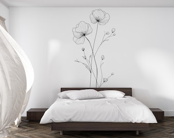 Minimalistischer Line Art Blumen-Wandaufkleber - großer Wandaufkleber für Schlafzimmer, moderne Boho-Wandkunst 006mv