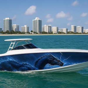 May include: A white and blue motorboat with a dragon graphic on the side, cruising on turquoise water. The dragon is dark blue with a lightning bolt design. Tall buildings line the shore in the background.